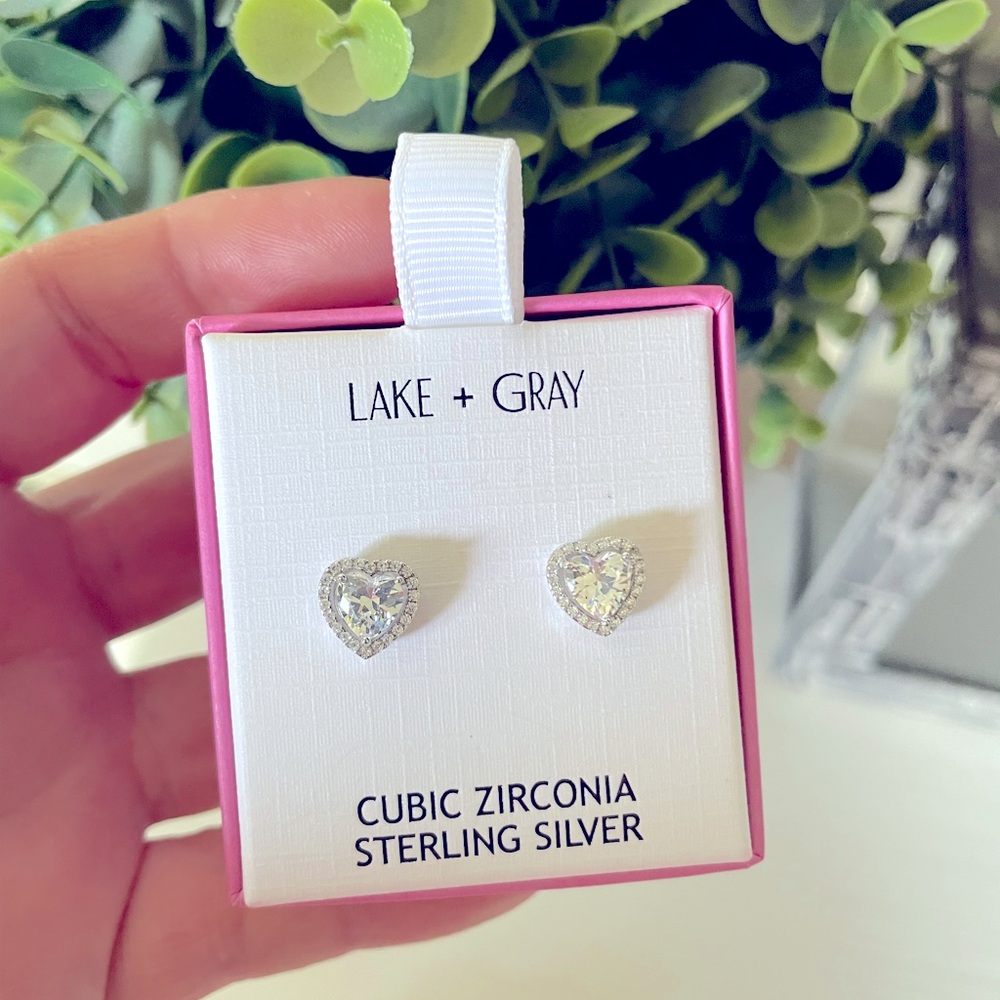 NEW Lake + Gray 925 Sterling Silver Cubic Zirconia heart stud Earring Set
